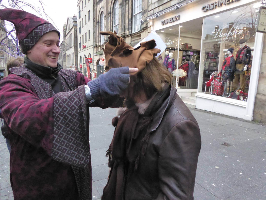 I place to Sorting hat on a hens head on the Edinburgh Harry Potter tour